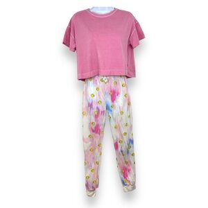 Old navy Girls Tie dye smiley pajama pants and pink top set Size XL 14-16